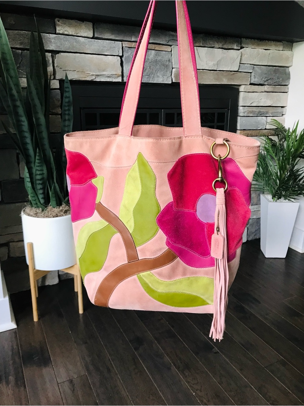 Coach Vintage Poppies For Peace Pink Suede Floral Appliqué Tote Bag 9259 Y2K